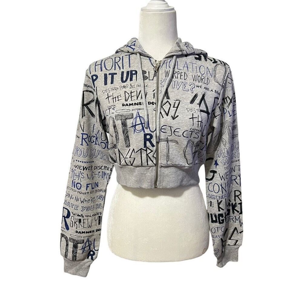 MOSCHINO COUTURE New!! Iconic Streetwear Design Gray Crop Sz Small Zip Sweatshir